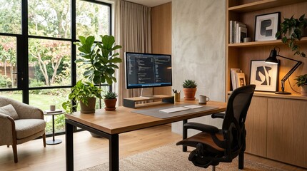 Fototapeta premium Home Office with Computer Screen and Various Plants in a Modern Interior Workspace