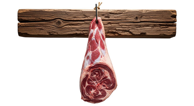 Rustic raw leg of lamb hanging on metal hook, fresh red meat joint on weathered wooden beam, traditional butchery and gourmet cooking ingredients isolated PNG with Transparent Background