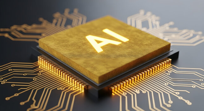 Artificial Intelligence AI Microchip on Circuit Board, High Tech Computer Processor for Machine Learning and Future Technology