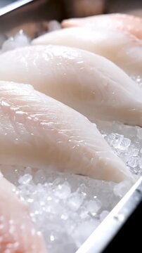 Fresh raw halibut fillets on ice, close-up shot for healthy food concept.