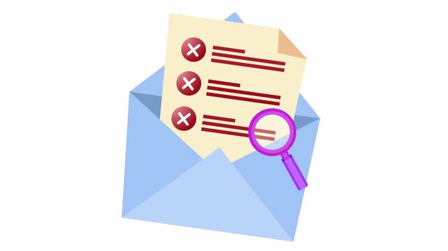 Wrong check mark on digital marketing checklist with open envelope cartoon animation in the alpha channel. Flat design or a rejected delivery document icon. Data task validation symbol.