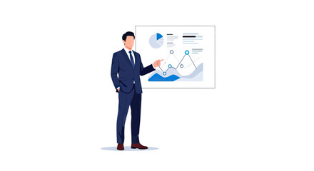 Obraz premium Professional Businessman Presenting Data Analysis and Financial Growth Statistics on a Digital Dashboard