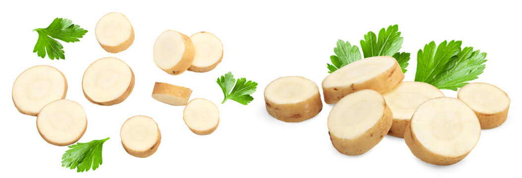 sliced parsnip root isolated on white background. clipping path