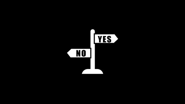 White directional signpost with YES and NO arrows on black background choice decision