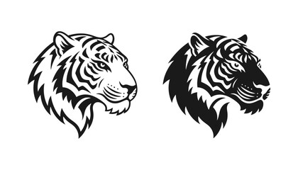 Tiger head profile portrait icon set in outline and solid black vector styles for aggressive sports team mascot and professional logo design © Lumina