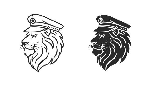 Lion head wearing military officer hat icon set in outline and solid black vector styles for leadership and authority concept graphic design