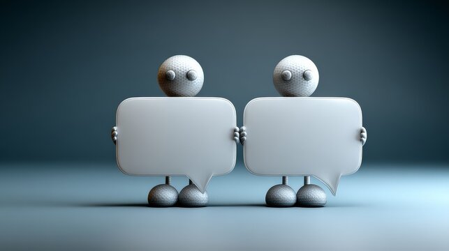 Two characters holding blank speech bubbles for communication.