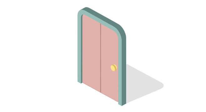 Isometric pink double door vector illustration with golden handle and green frame isolated on white background
