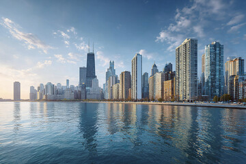 Obraz premium High resolution panoramic view of city skyline with modern skyscraper buildings reflecting on calm water under partly cloudy sky during daytime