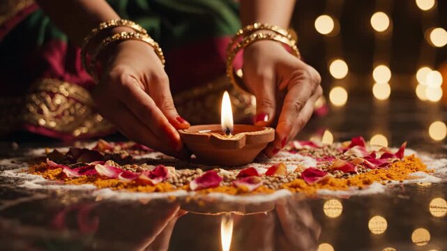 Diwali Celebration - Hands Holding a Lit Oil Lamp with Flower Decoration.