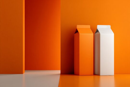 Two milk cartons in a vibrant orange setting, minimalist design.