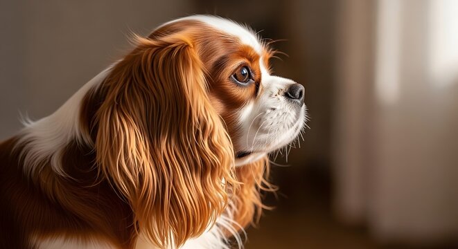 Close-up of a Cavalier King Charles Spaniel with distinctive brown and white coat