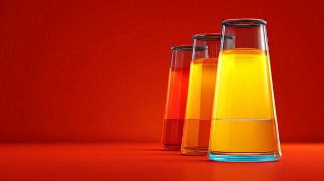 Vibrant colored drinks arranged in glass containers.