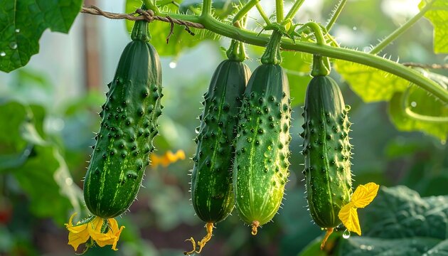 Hanging cucumbers. Green, spiky vegetables dangle from a vine with small yellow flowers, backlit in sunlight