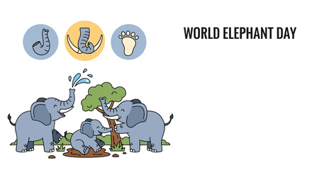 Cartoon illustration of a happy elephant family celebrating World Elephant Day. © Camilia_Deena