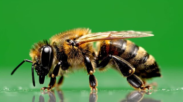 Close up honeybee on green background with reflection.