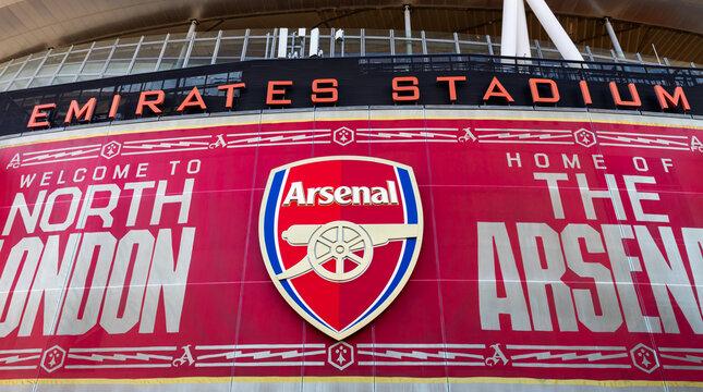 London. UK- April 12. 2026. A close up of the name sign and the Arsenal Football Club symbol on the Emirates Stadium in North London.