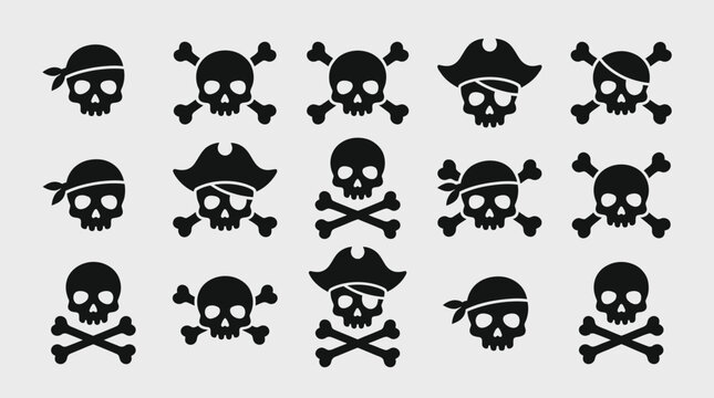 Pirate skulls and crossbones icons set.
