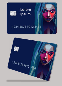  A beautiful woman in a graphic design style is seen on a mock  generic credit card or debit card with copy space and text area.