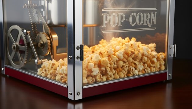 Vintage popcorn machine close-up showing fresh buttery corn inside for a cinematic movie night entertainment concept with nostalgic gears and steam