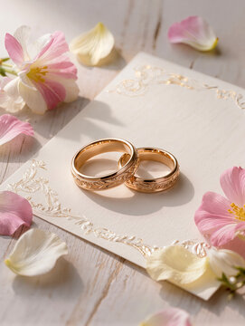 pair of elegant gold wedding rings on invitation card with flower petals, beautiful engraved wedding bands on luxury stationary, romantic wedding concept with gold jewelry and spring blossoms