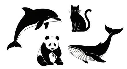 Collection of Silhouetted Animals Including Dolphin Panda Cat and Whale. © Manto