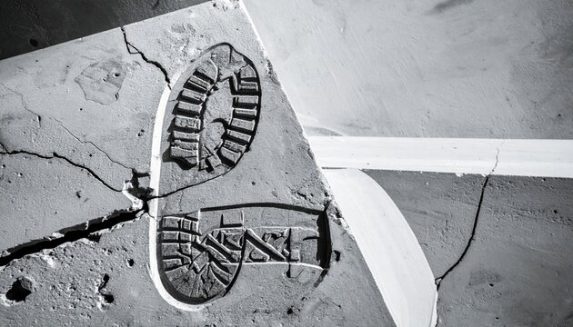 Close-up of a boot sole imprint deeply pressed into a cracked concrete slab, starkly lit monochrome.