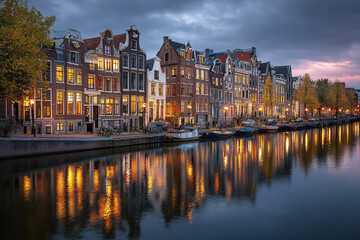 Obraz premium Historic canal cityscape of Amsterdam at dusk with traditional narrow houses and boats reflecting warm lights on calm water under moody sky, creating peaceful and charming atmosphere
