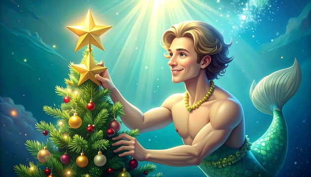 Merman decorates a Christmas tree underwater with a gold star