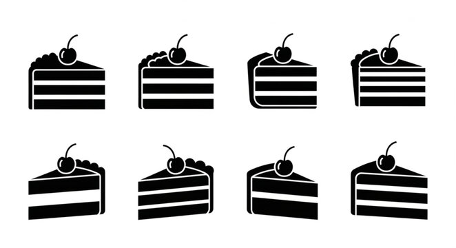 Set of eight black cake slices with cherry on top.