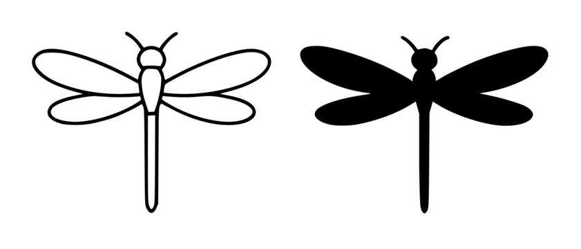 Dragonfly minimalist icon in outline and silhouette design