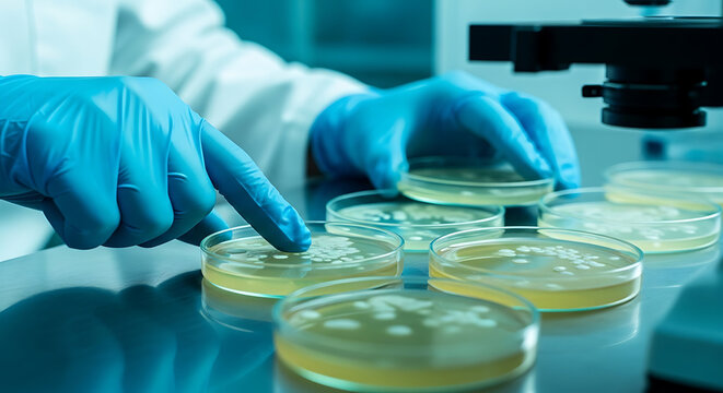 Technician carefully handling environmental swab samples on agar plates within a biosafety cabinet medium shot with main action in sharp focus and soft carefully
