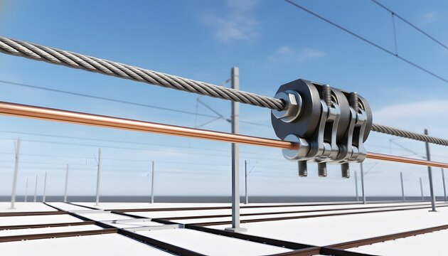 Close-up of an industrial railway overhead catenary wire repair clamp system connecting power lines over tracks for modern transport infrastructure maintenance concept