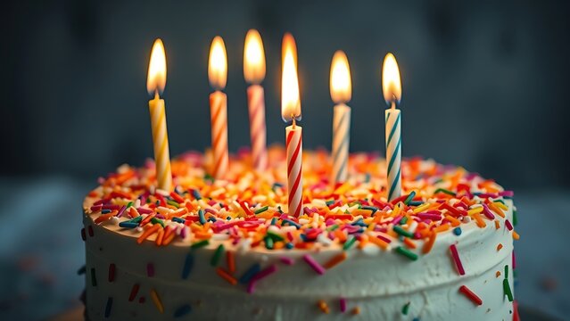 Colorful birthday cake with sprinkles and candles in festive lighting. 