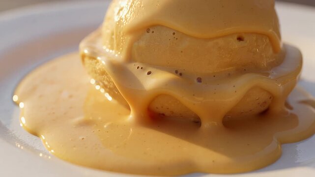 Delicious Golden Caramel Sauce Pouring Over Sweet Baked Bun Dessert Creating Tempting Food Indulgence Experience