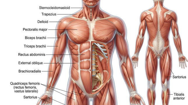 Anterior and posterior views of the human muscular system showing major surface muscles of the head, neck, trunk and limbs, including pectorals, abdominals, quadriceps, hamstrings and calf muscles for