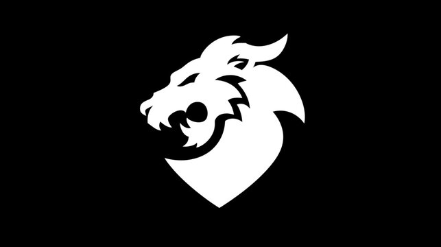 Bold white dragon head silhouette on black background for design