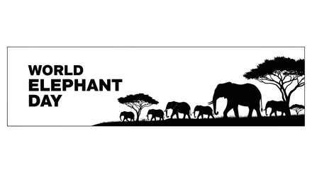 World Elephant Day banner with silhouette of elephant family walking in savannah. © Dahlia_Elma