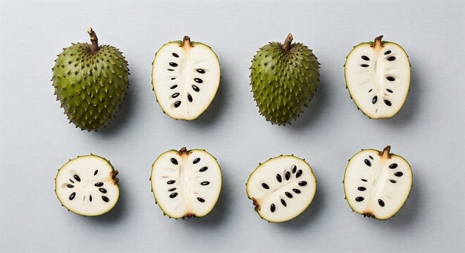 soursop fruit cut in half, green skin, white pulp with black seeds