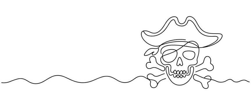 Single line drawing of a pirate skull and crossbones symbol with a hat over ocean waves