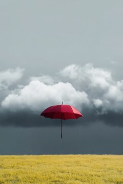 Red umbrella floating above yellow field under stormy sky