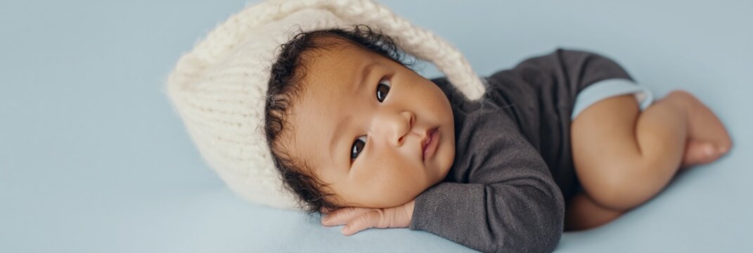 Newborn baby resting on side on light blue blanket surface