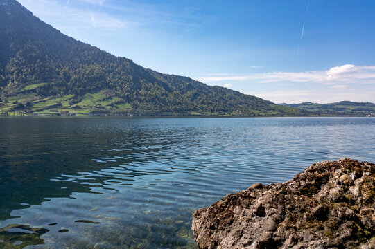 Rocky foreground and tranquil Lake Zug shoreline with forested mountain slopes - Arth, Canton of Schwyz, Switzerland