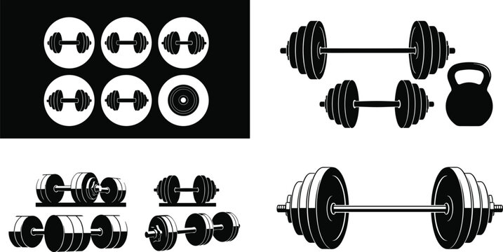 Dumbbell and kettlebell fitness icons set gym weights barbell strength training equipment silhouette vector collection bodybuilding exercise sport