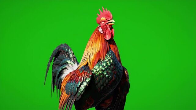 Vibrant rooster crowing and flapping wings on green screen. High-quality footage for easy compositing.