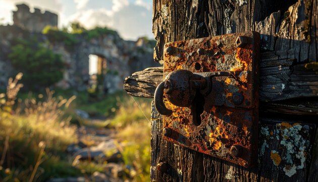 A heavily corroded metal latch secured to a weathered, splintered wooden door frame, with blurred ancient ruins in the background.