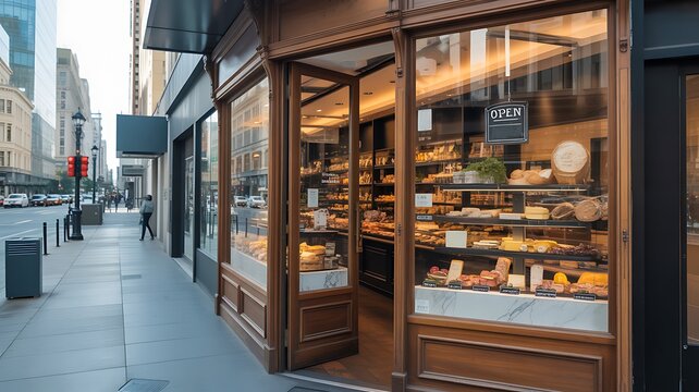 Modern bakery storefront with glass windows wooden and fresh bread display retail shop concept