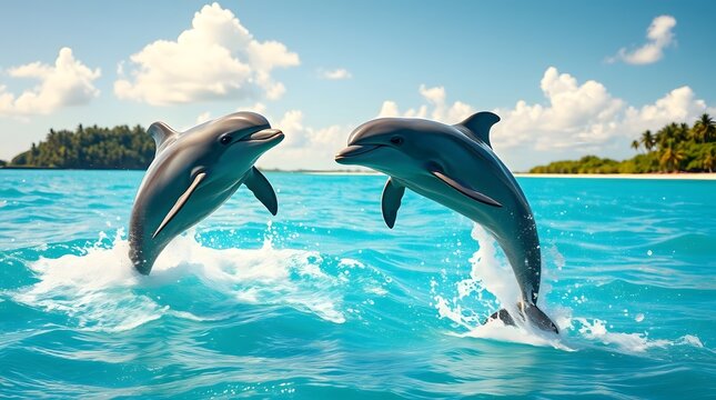 Playful blue dolphin jumping in ocean water isolated on white background

