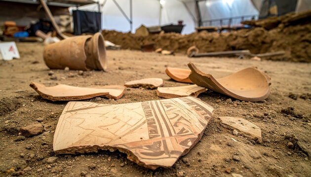 Ancient pottery shards with faded geometric patterns scattered on an archaeological dig site revealing historical fragments