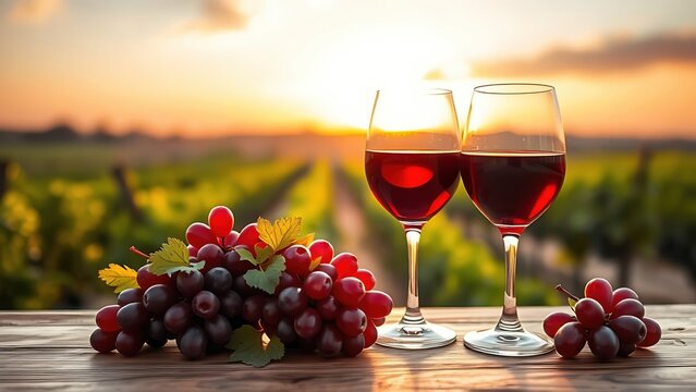 Red and white wine glasses with grapes on a wooden table in a rustic setting. 